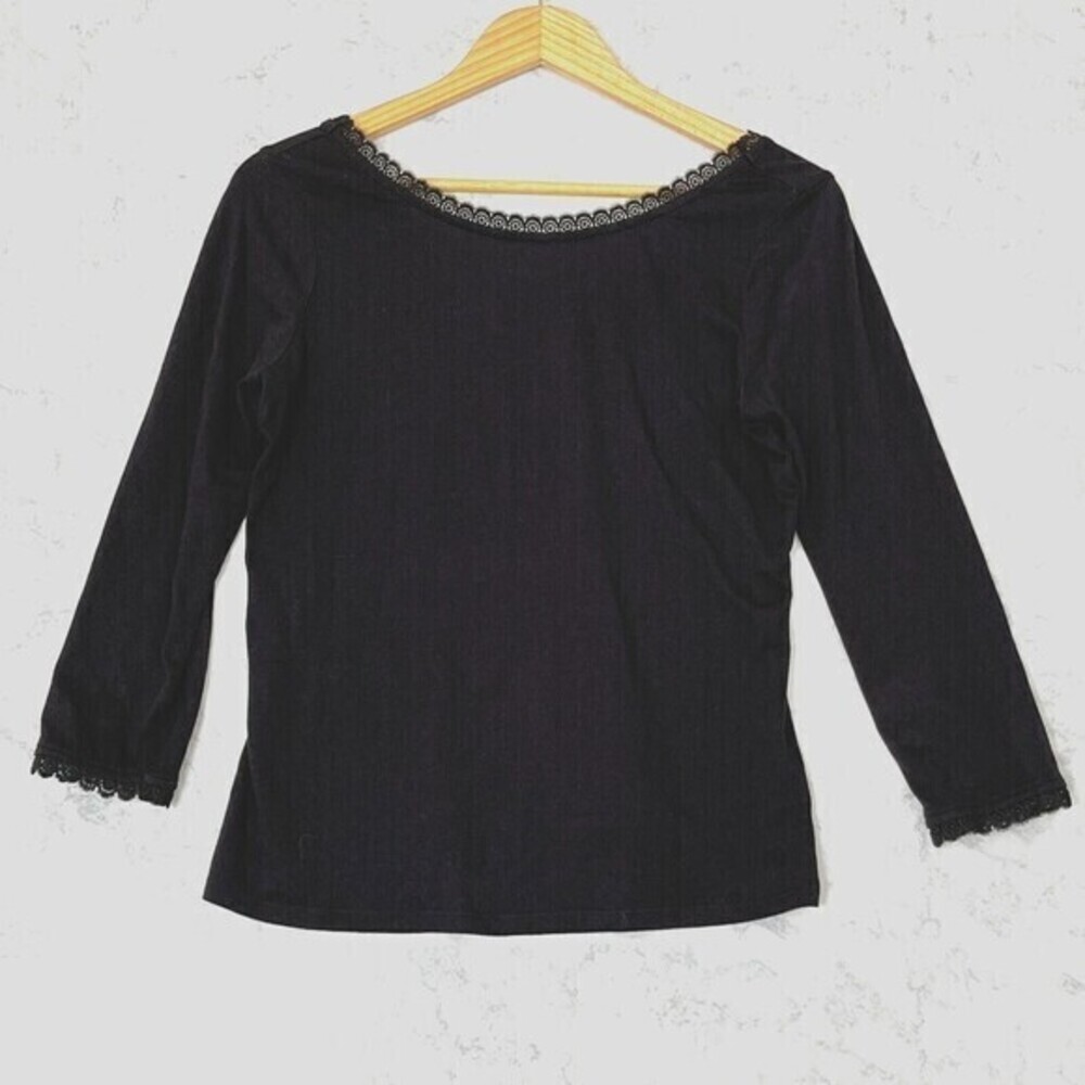 Boden‎ Top Womens 6 Black Lace Trim Detail Long Sleeves Cotton Blend Effortless
